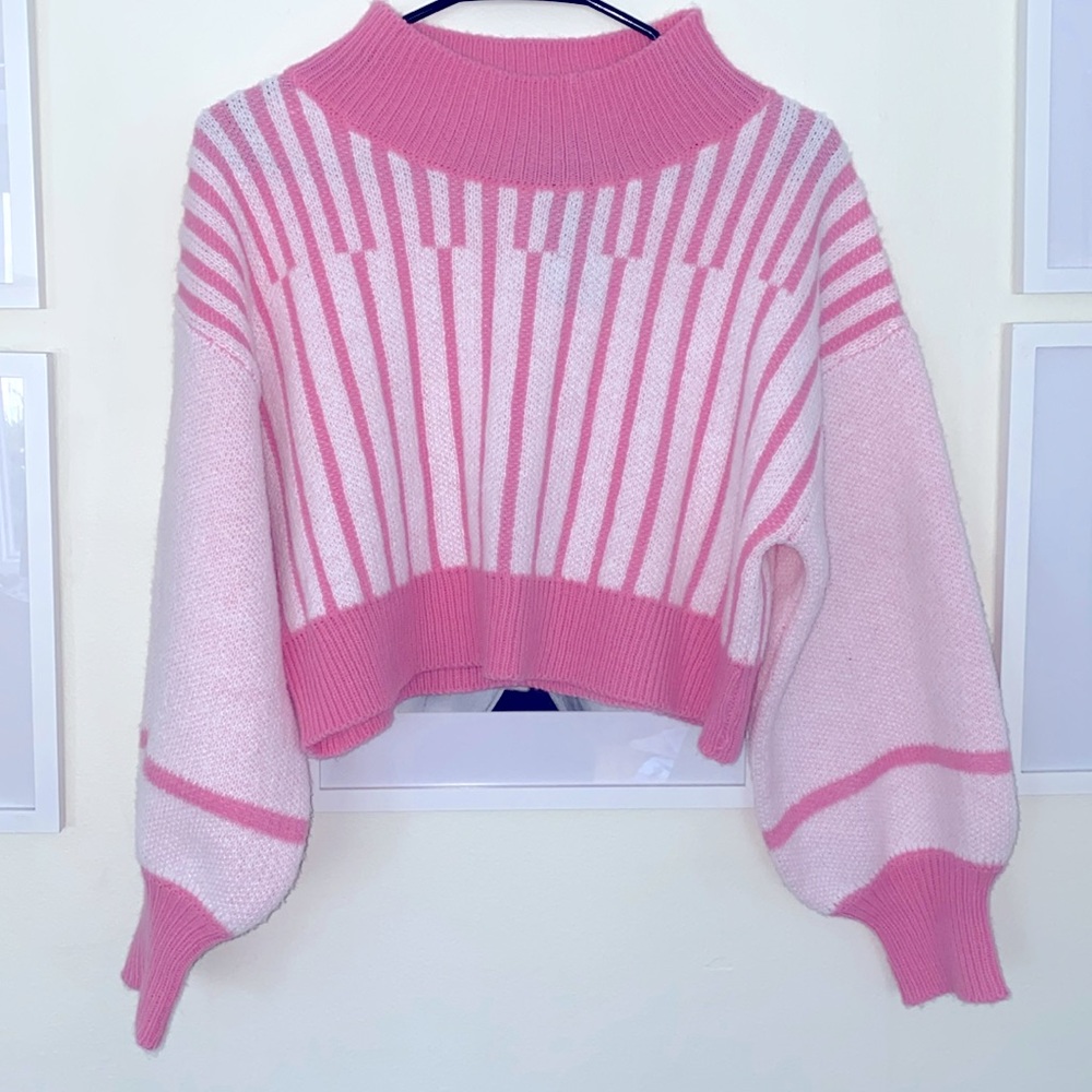 SHEIN Striped Lantern Sleeve Mock Neck Sweater SM